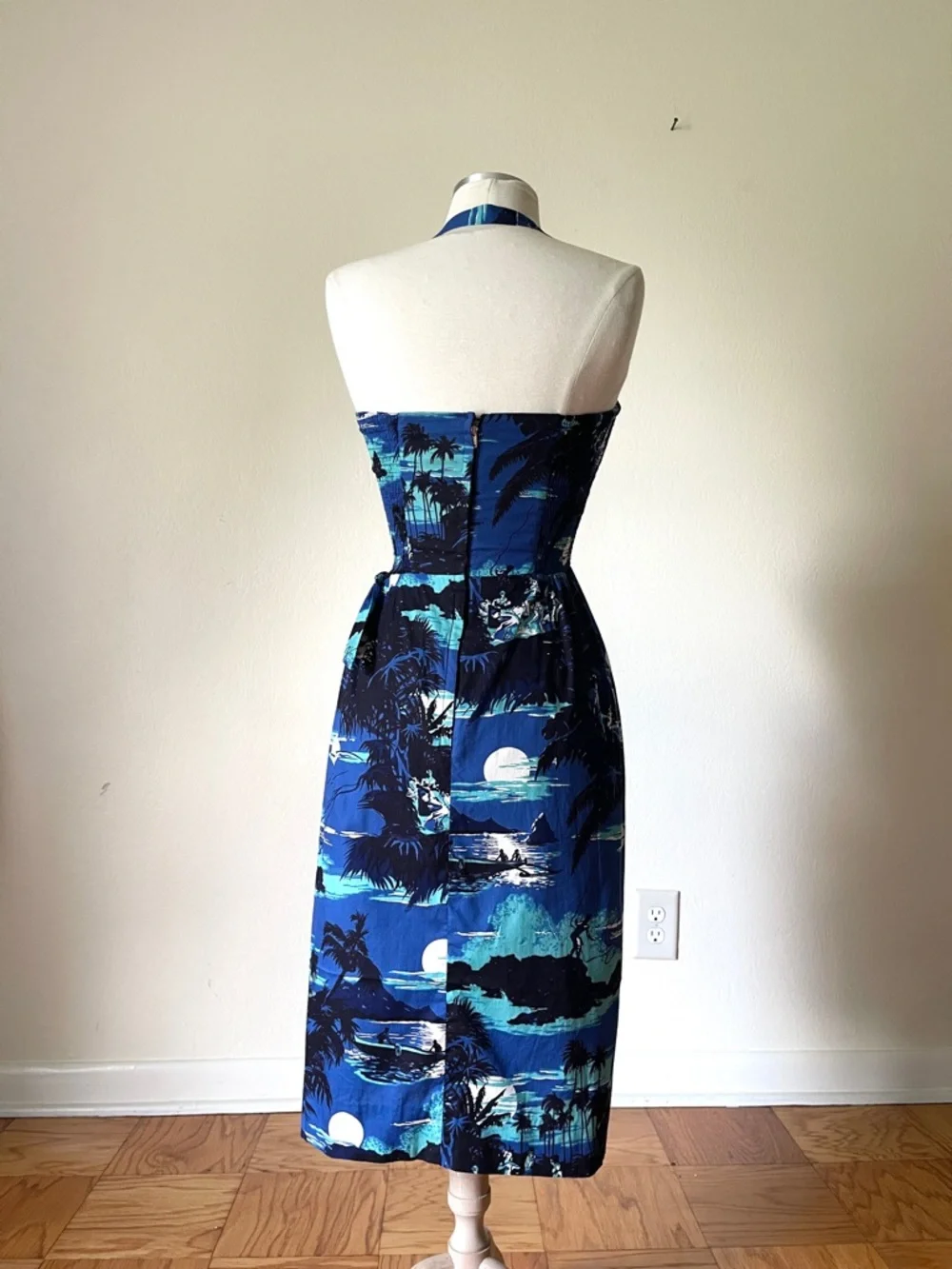 Rare Vtg 1950s Alfred Shaheen blue Hawaii island scene sweetheart wrap dress XS - Picture 10 of 16